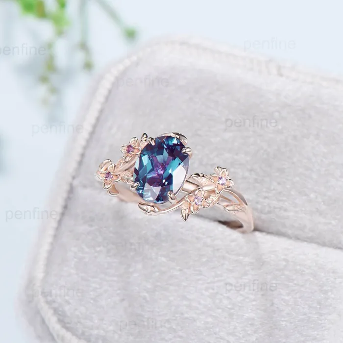PENFINE Rings Unique alexandrite ring vintage Oval floral engagement ring nature inspired leaf cluster amethyst flower June birthstone gift for women PENFINE Rings Unique alexandrite ring vintage Oval floral engagement ring nature inspired leaf cluster amethyst flower June birthstone gift for women