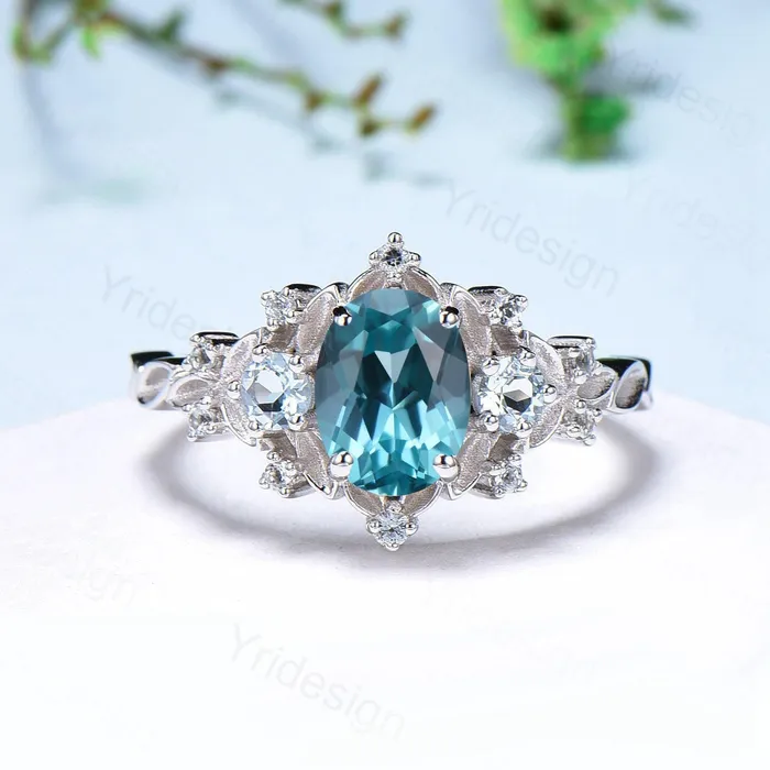 PENFINE Rings Unique oval blue paraiba engagement ring Nature Inspired silver white gold leaf engagement ring cluster aquamarine wedding band ring women PENFINE Rings Unique oval blue paraiba engagement ring Nature Inspired silver white gold leaf engagement ring cluster aquamarine wedding band ring women