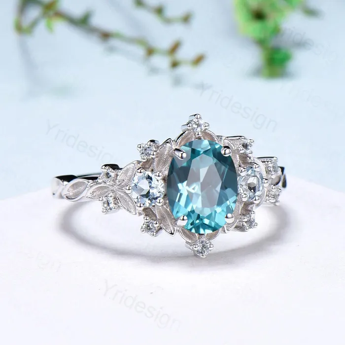 PENFINE Rings Unique oval blue paraiba engagement ring Nature Inspired silver white gold leaf engagement ring cluster aquamarine wedding band ring women PENFINE Rings Unique oval blue paraiba engagement ring Nature Inspired silver white gold leaf engagement ring cluster aquamarine wedding band ring women