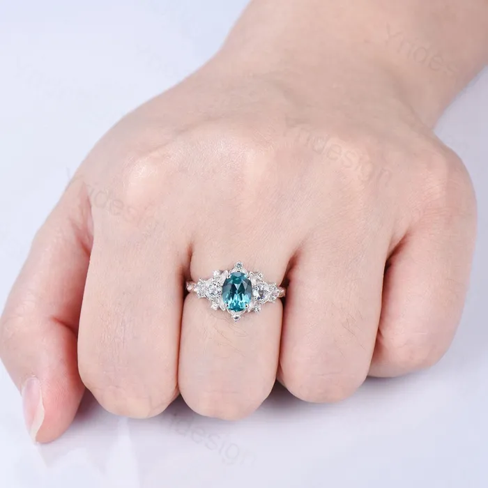 PENFINE Rings Unique oval blue paraiba engagement ring Nature Inspired silver white gold leaf engagement ring cluster aquamarine wedding band ring women PENFINE Rings Unique oval blue paraiba engagement ring Nature Inspired silver white gold leaf engagement ring cluster aquamarine wedding band ring women