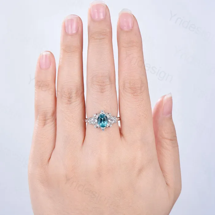 PENFINE Rings Unique oval blue paraiba engagement ring Nature Inspired silver white gold leaf engagement ring cluster aquamarine wedding band ring women PENFINE Rings Unique oval blue paraiba engagement ring Nature Inspired silver white gold leaf engagement ring cluster aquamarine wedding band ring women