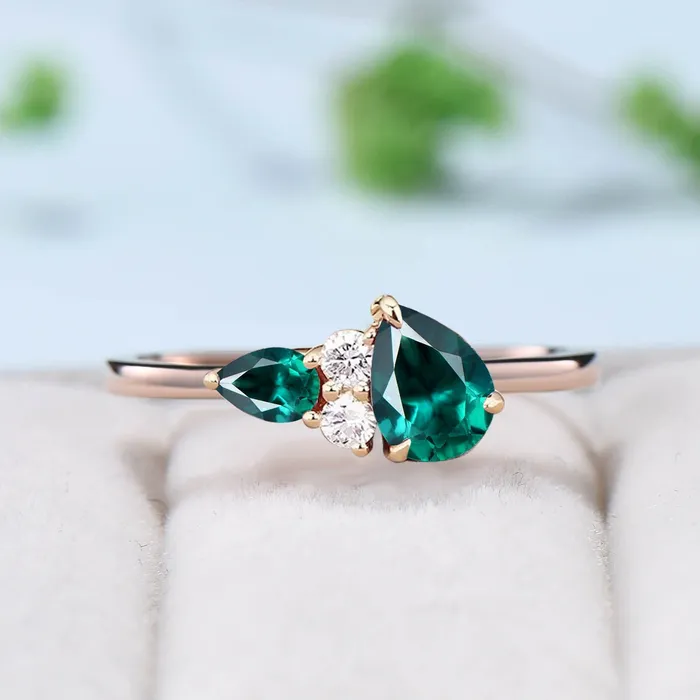 PENFINE Rings Unique Teardrop emerald ring vintage lab created emerald engagement ring art deco moissanite wedding band custom women bridal promise ring