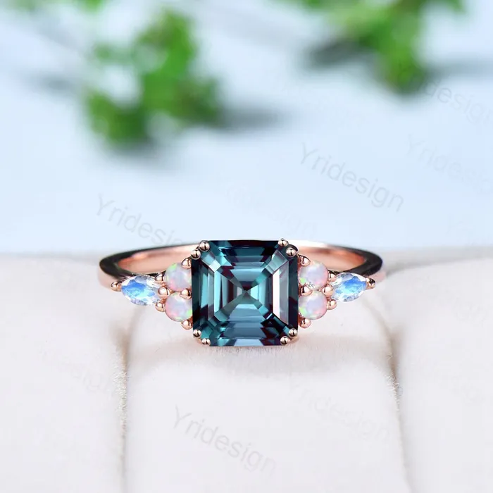 PENFINE Rings Vintage Asscher cut Alexandrite Engagement Ring Antique Cluster Marquise Moonstone Opal Ring Art Deco June Birthstone Anniversary Gift PENFINE Rings Vintage Asscher cut Alexandrite Engagement Ring Antique Cluster Marquise Moonstone Opal Ring Art Deco June Birthstone Anniversary Gift