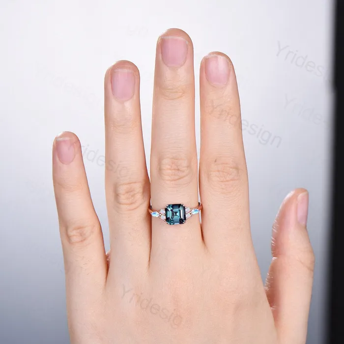 PENFINE Rings Vintage Asscher cut Alexandrite Engagement Ring Antique Cluster Marquise Moonstone Opal Ring Art Deco June Birthstone Anniversary Gift PENFINE Rings Vintage Asscher cut Alexandrite Engagement Ring Antique Cluster Marquise Moonstone Opal Ring Art Deco June Birthstone Anniversary Gift