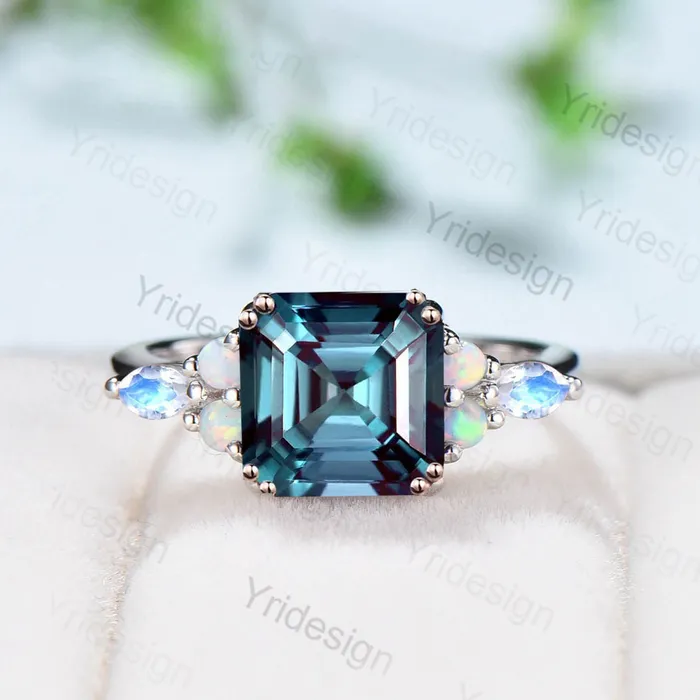 PENFINE Rings Vintage Asscher cut Alexandrite Engagement Ring Antique Cluster Marquise Moonstone Opal Ring Art Deco June Birthstone Anniversary Gift PENFINE Rings Vintage Asscher cut Alexandrite Engagement Ring Antique Cluster Marquise Moonstone Opal Ring Art Deco June Birthstone Anniversary Gift