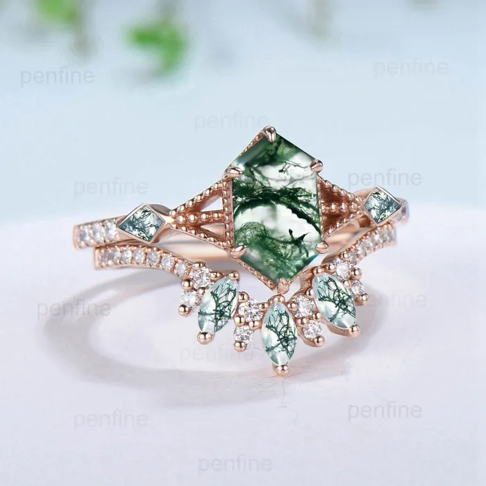 PENFINE Rings Vintage Green Agate Ring set Retro 5X9mm long hexagon Moss Agate engagement ring set marquise kite agate wedding ring stacking bridal set PENFINE Rings Vintage Green Agate Ring set Retro 5X9mm long hexagon Moss Agate engagement ring set marquise kite agate wedding ring stacking bridal set
