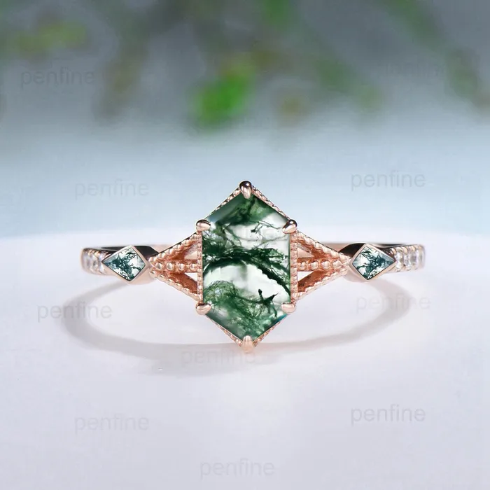PENFINE Rings Vintage Green Agate Ring set Retro 5X9mm long hexagon Moss Agate engagement ring set marquise kite agate wedding ring stacking bridal set PENFINE Rings Vintage Green Agate Ring set Retro 5X9mm long hexagon Moss Agate engagement ring set marquise kite agate wedding ring stacking bridal set