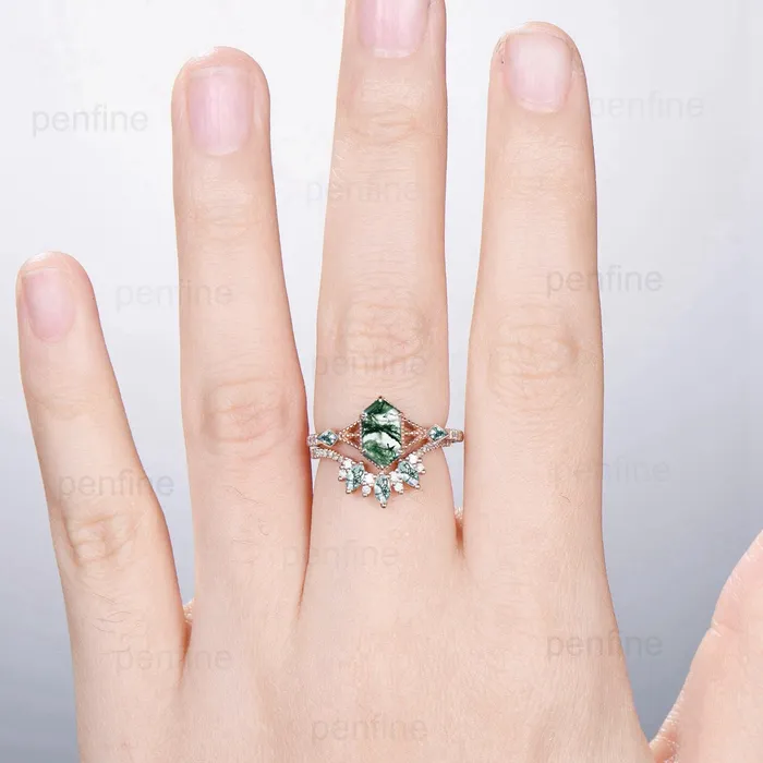PENFINE Rings Vintage Green Agate Ring set Retro 5X9mm long hexagon Moss Agate engagement ring set marquise kite agate wedding ring stacking bridal set PENFINE Rings Vintage Green Agate Ring set Retro 5X9mm long hexagon Moss Agate engagement ring set marquise kite agate wedding ring stacking bridal set
