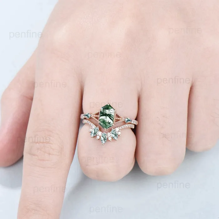 PENFINE Rings Vintage Green Agate Ring set Retro 5X9mm long hexagon Moss Agate engagement ring set marquise kite agate wedding ring stacking bridal set PENFINE Rings Vintage Green Agate Ring set Retro 5X9mm long hexagon Moss Agate engagement ring set marquise kite agate wedding ring stacking bridal set