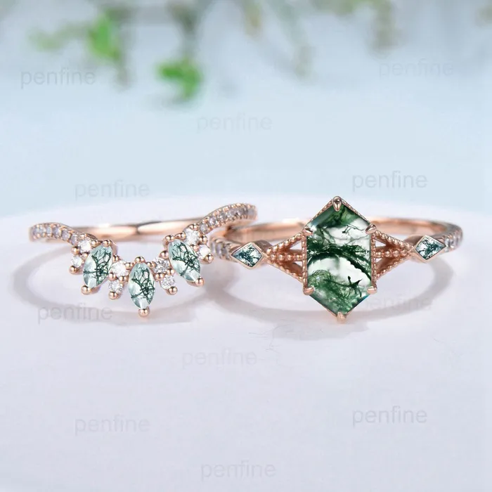 PENFINE Rings Vintage Green Agate Ring set Retro 5X9mm long hexagon Moss Agate engagement ring set marquise kite agate wedding ring stacking bridal set PENFINE Rings Vintage Green Agate Ring set Retro 5X9mm long hexagon Moss Agate engagement ring set marquise kite agate wedding ring stacking bridal set