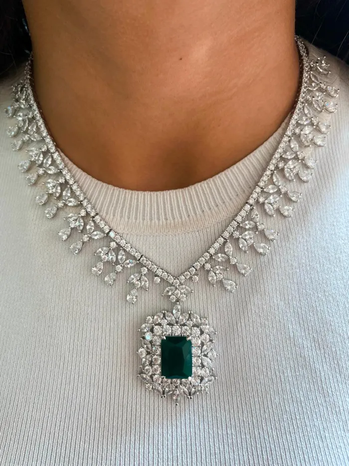 PRERTO ECOMMERCE PRIVATE LIMITED Earrings Rosy Diamonte Emerald Set Earrings Necklace PRERTO ECOMMERCE PRIVATE LIMITED Earrings Rosy Diamonte Emerald Set Earrings Necklace