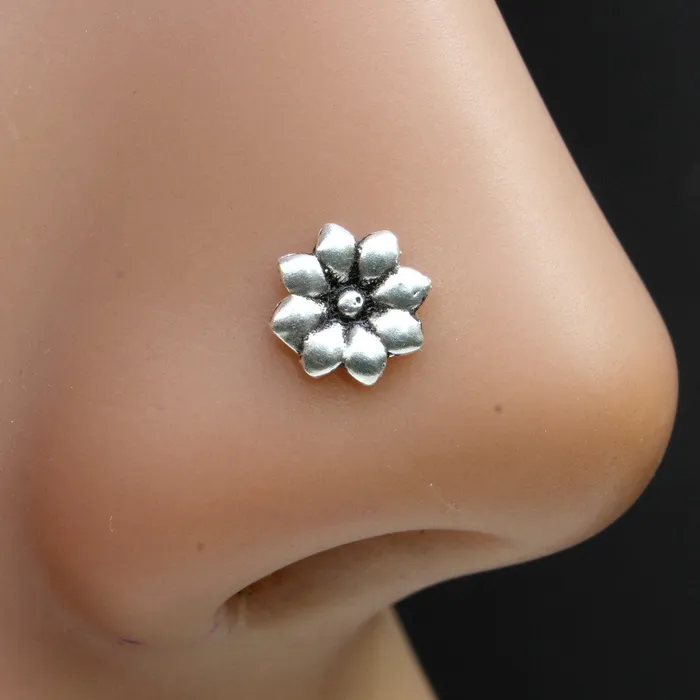 Rings Ethnic Flower Sterling Silver nose stud Oxidized Corkscrew nose ring L bend 22g Karizma Jewels