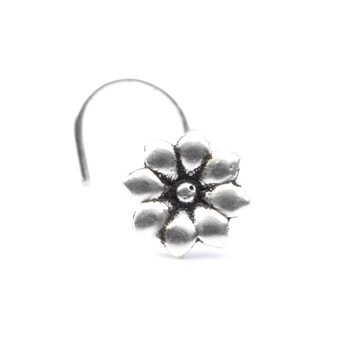 Rings Ethnic Flower Sterling Silver nose stud Oxidized Corkscrew nose ring L bend 22g Karizma Jewels