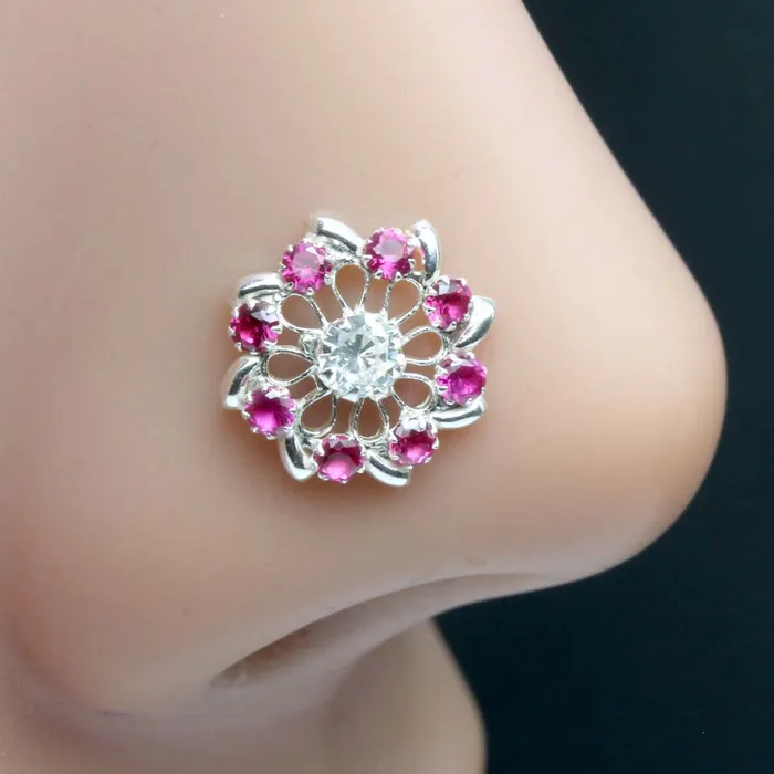 Rings Karizma Jewels 925 Sterling Silver Pink White CZ Nose ring Push Pin