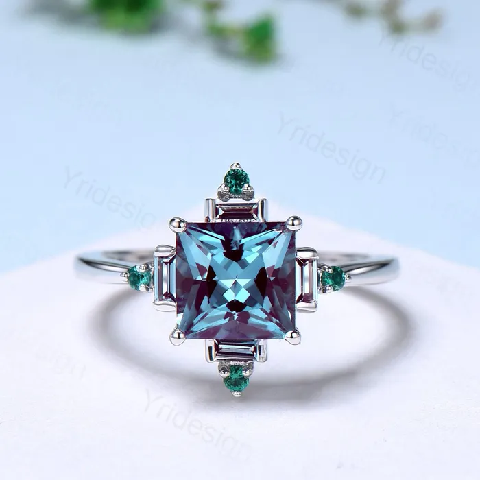 Rings PENFINE Unique 2 carat princess cut alexandrite ring halo baguette color change stone engagement ring14k white gold art deco anniversary ring gift Rings PENFINE Unique 2 carat princess cut alexandrite ring halo baguette color change stone engagement ring14k white gold art deco anniversary ring gift