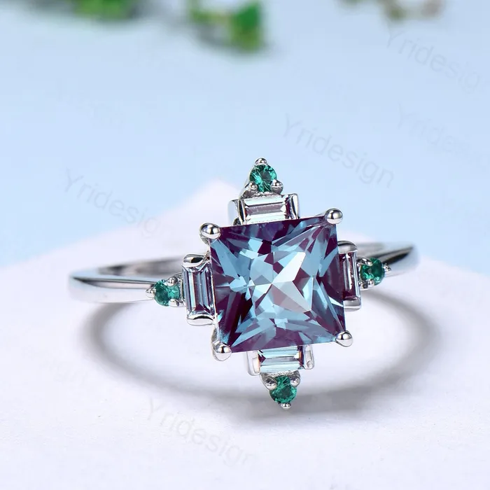 Rings PENFINE Unique 2 carat princess cut alexandrite ring halo baguette color change stone engagement ring14k white gold art deco anniversary ring gift Rings PENFINE Unique 2 carat princess cut alexandrite ring halo baguette color change stone engagement ring14k white gold art deco anniversary ring gift