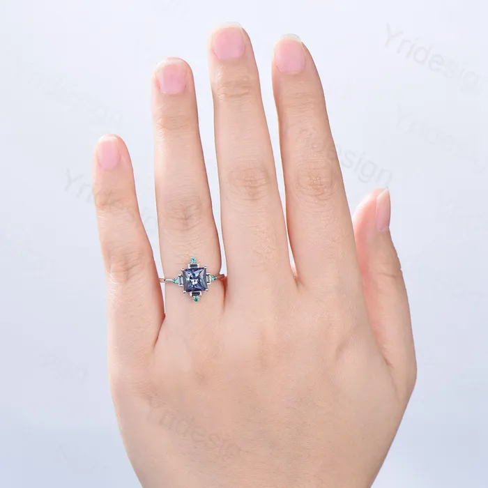 Rings PENFINE Unique 2 carat princess cut alexandrite ring halo baguette color change stone engagement ring14k white gold art deco anniversary ring gift Rings PENFINE Unique 2 carat princess cut alexandrite ring halo baguette color change stone engagement ring14k white gold art deco anniversary ring gift
