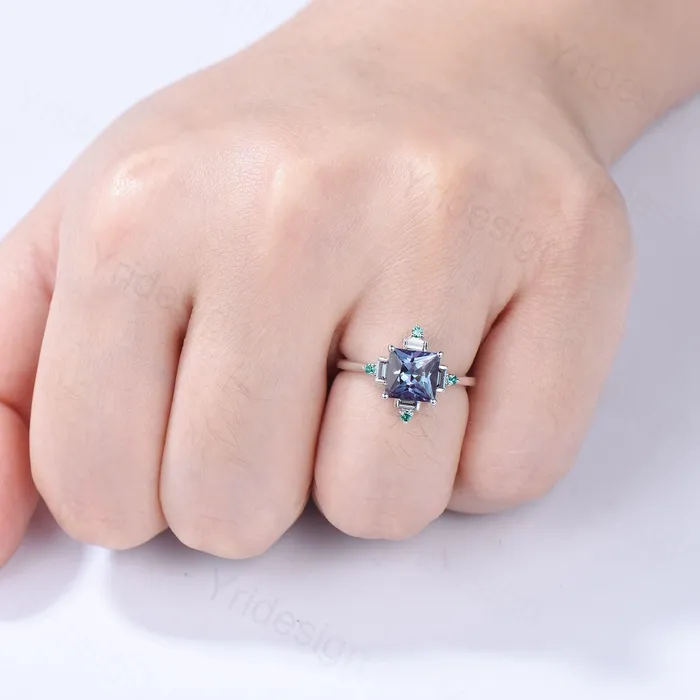 Rings PENFINE Unique 2 carat princess cut alexandrite ring halo baguette color change stone engagement ring14k white gold art deco anniversary ring gift Rings PENFINE Unique 2 carat princess cut alexandrite ring halo baguette color change stone engagement ring14k white gold art deco anniversary ring gift