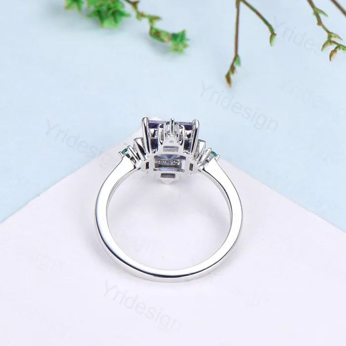 Rings PENFINE Unique 2 carat princess cut alexandrite ring halo baguette color change stone engagement ring14k white gold art deco anniversary ring gift Rings PENFINE Unique 2 carat princess cut alexandrite ring halo baguette color change stone engagement ring14k white gold art deco anniversary ring gift