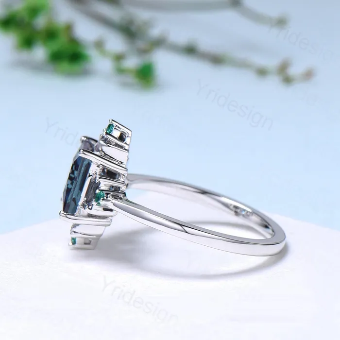 Rings PENFINE Unique 2 carat princess cut alexandrite ring halo baguette color change stone engagement ring14k white gold art deco anniversary ring gift Rings PENFINE Unique 2 carat princess cut alexandrite ring halo baguette color change stone engagement ring14k white gold art deco anniversary ring gift