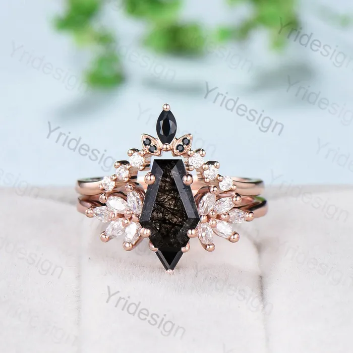 Rings PENFINE Unique Coffin Cut Black Rutilated Engagement Ring Set Art Deco Marquise Black Quartz Wedding Ring Moissanite Bridal Ring Birthday Gift Women Rings PENFINE Unique Coffin Cut Black Rutilated Engagement Ring Set Art Deco Marquise Black Quartz Wedding Ring Moissanite Bridal Ring Birthday Gift Women