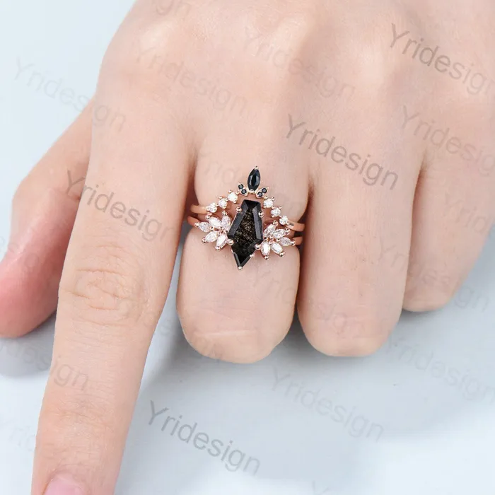 Rings PENFINE Unique Coffin Cut Black Rutilated Engagement Ring Set Art Deco Marquise Black Quartz Wedding Ring Moissanite Bridal Ring Birthday Gift Women Rings PENFINE Unique Coffin Cut Black Rutilated Engagement Ring Set Art Deco Marquise Black Quartz Wedding Ring Moissanite Bridal Ring Birthday Gift Women