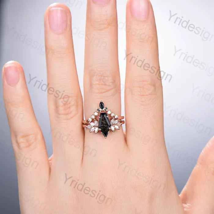 Rings PENFINE Unique Coffin Cut Black Rutilated Engagement Ring Set Art Deco Marquise Black Quartz Wedding Ring Moissanite Bridal Ring Birthday Gift Women Rings PENFINE Unique Coffin Cut Black Rutilated Engagement Ring Set Art Deco Marquise Black Quartz Wedding Ring Moissanite Bridal Ring Birthday Gift Women
