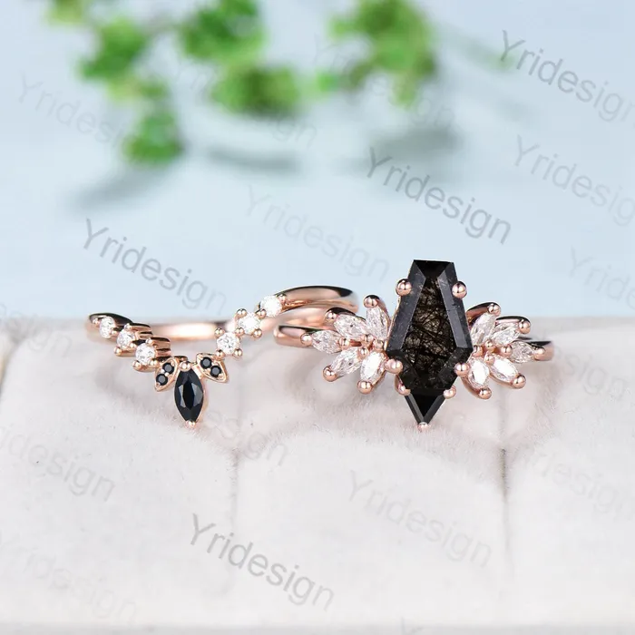 Rings PENFINE Unique Coffin Cut Black Rutilated Engagement Ring Set Art Deco Marquise Black Quartz Wedding Ring Moissanite Bridal Ring Birthday Gift Women Rings PENFINE Unique Coffin Cut Black Rutilated Engagement Ring Set Art Deco Marquise Black Quartz Wedding Ring Moissanite Bridal Ring Birthday Gift Women