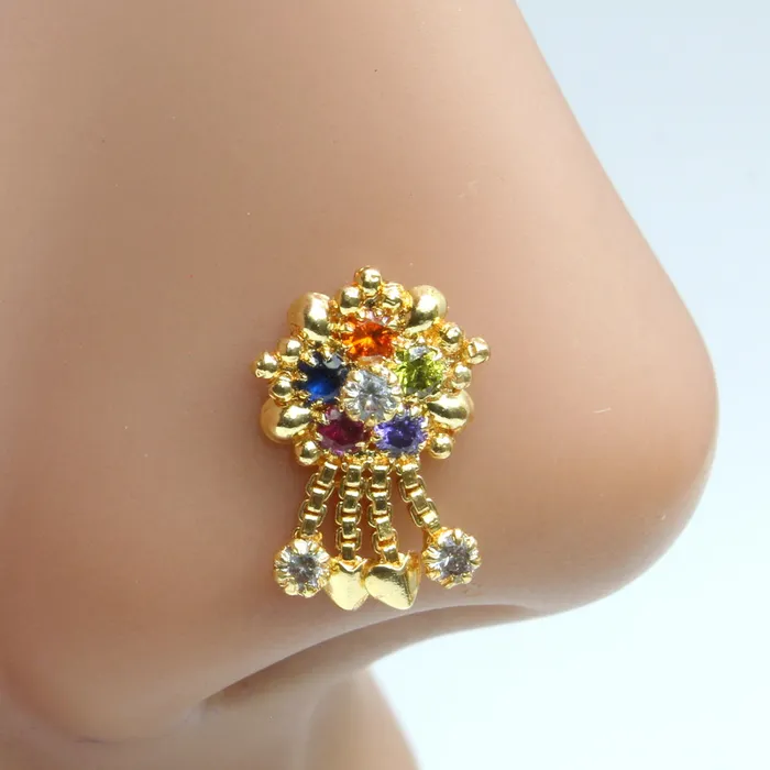 Rings Traditional Style Gold Plated Indian Dangle Nose ring Multicolor CZ Twisted Karizma Jewels Rings Traditional Style Gold Plated Indian Dangle Nose ring Multicolor CZ Twisted Karizma Jewels