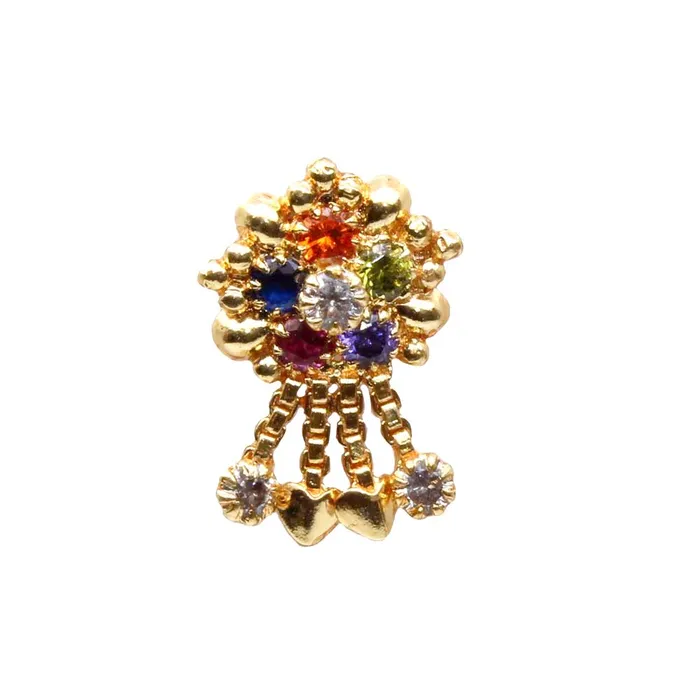 Rings Traditional Style Gold Plated Indian Dangle Nose ring Multicolor CZ Twisted Karizma Jewels