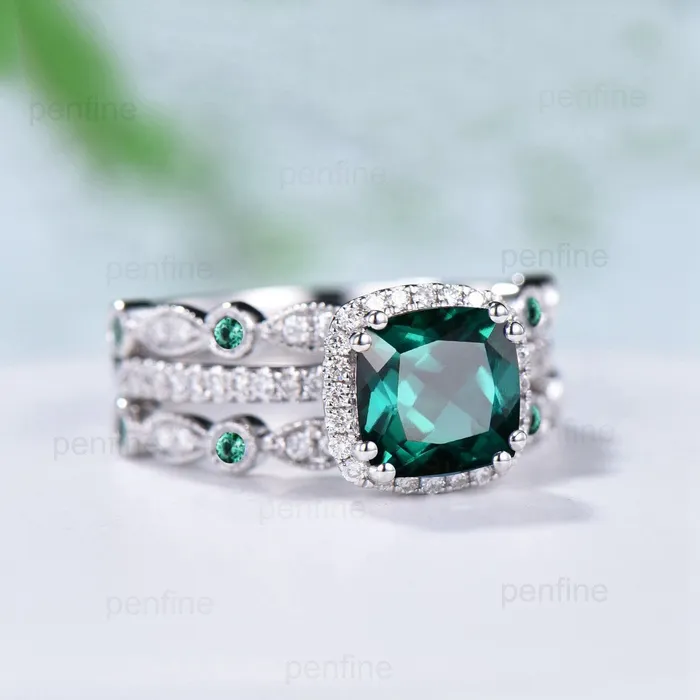 Rings Vintage cushion emerald wedding ring set 14k18k white gold retro halo diamond emerald engagement ring set Double enhancer stacking band PENFINE Rings Vintage cushion emerald wedding ring set 14k18k white gold retro halo diamond emerald engagement ring set Double enhancer stacking band PENFINE