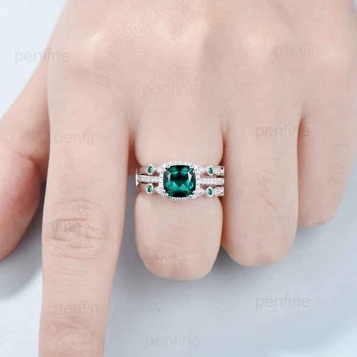 Rings Vintage cushion emerald wedding ring set 14k18k white gold retro halo diamond emerald engagement ring set Double enhancer stacking band PENFINE Rings Vintage cushion emerald wedding ring set 14k18k white gold retro halo diamond emerald engagement ring set Double enhancer stacking band PENFINE