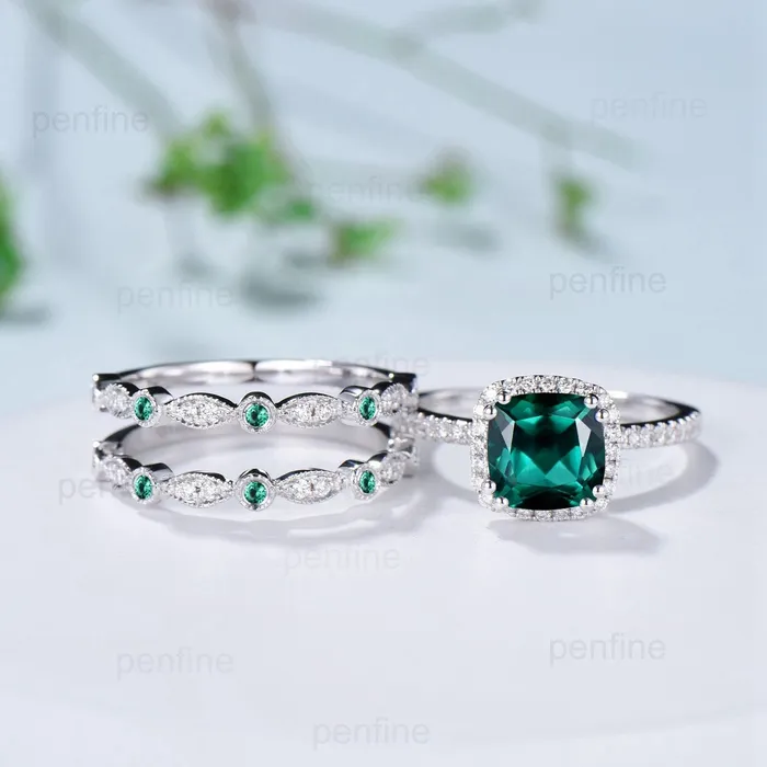 Rings Vintage cushion emerald wedding ring set 14k18k white gold retro halo diamond emerald engagement ring set Double enhancer stacking band PENFINE Rings Vintage cushion emerald wedding ring set 14k18k white gold retro halo diamond emerald engagement ring set Double enhancer stacking band PENFINE