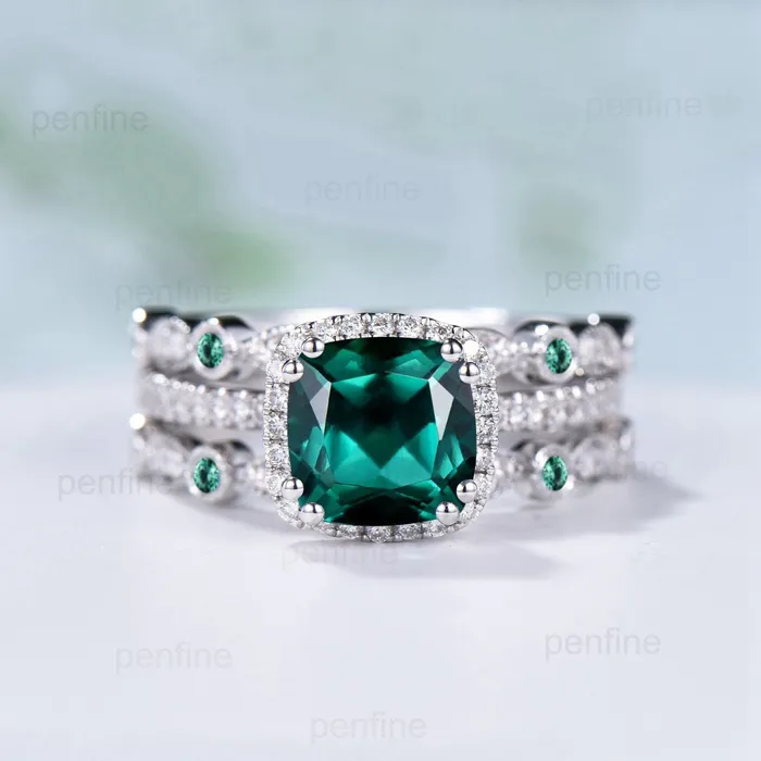 Rings Vintage cushion emerald wedding ring set 14k18k white gold retro halo diamond emerald engagement ring set Double enhancer stacking band PENFINE Rings Vintage cushion emerald wedding ring set 14k18k white gold retro halo diamond emerald engagement ring set Double enhancer stacking band PENFINE