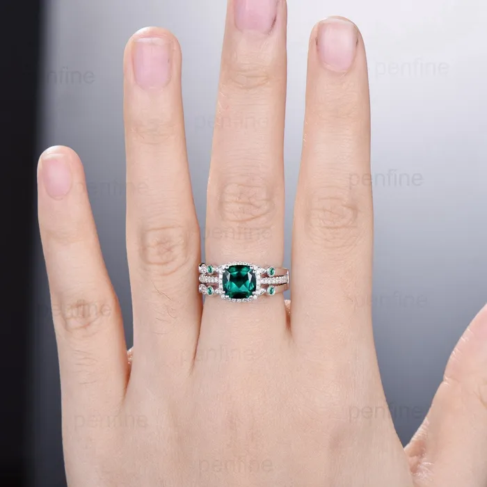 Rings Vintage cushion emerald wedding ring set 14k18k white gold retro halo diamond emerald engagement ring set Double enhancer stacking band PENFINE Rings Vintage cushion emerald wedding ring set 14k18k white gold retro halo diamond emerald engagement ring set Double enhancer stacking band PENFINE