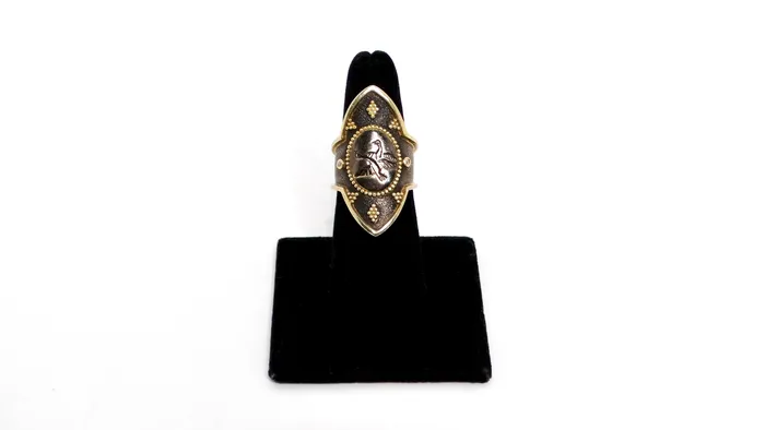 Sterling Silver Dancing Swans Shield Ring With Gold Plated Diamond Accents Vintage by Misty Rings