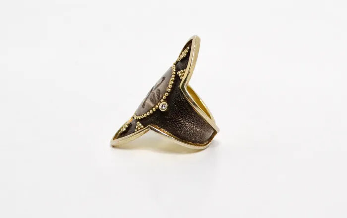 Sterling Silver Dancing Swans Shield Ring With Gold Plated Diamond Accents Vintage by Misty Rings