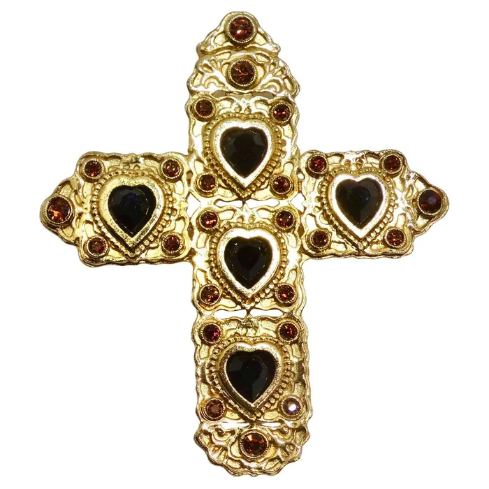 Vintage by Misty Rings Butler Wilson 1980s Gold Tone Black Stone Cross Brooch