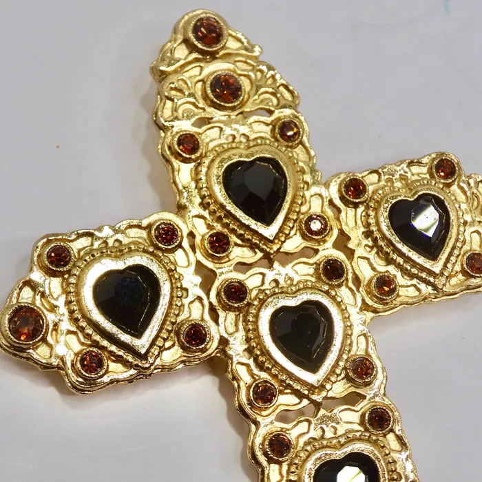 Vintage by Misty Rings Butler Wilson 1980s Gold Tone Black Stone Cross Brooch