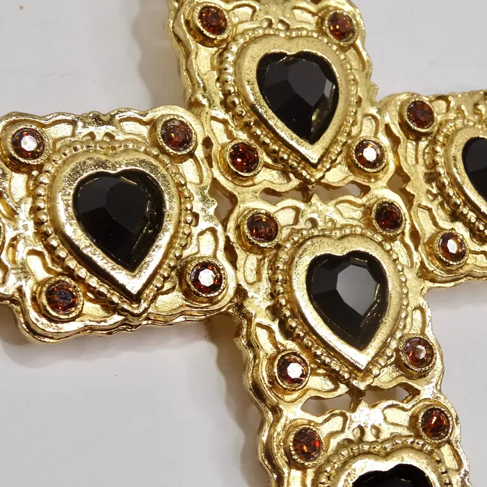 Vintage by Misty Rings Butler Wilson 1980s Gold Tone Black Stone Cross Brooch