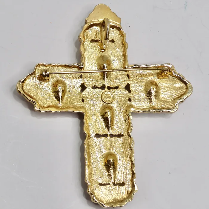 Vintage by Misty Rings Butler Wilson 1980s Gold Tone Black Stone Cross Brooch