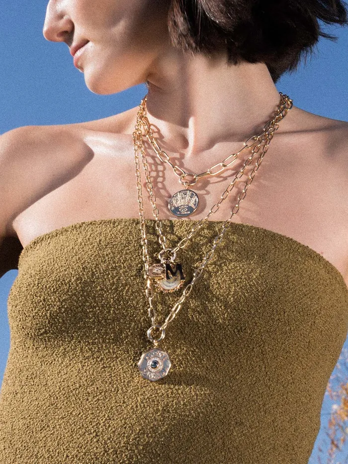 Charm Necklaces Marlo Laz Large PB Charm Montana Sapphire Raised Gold