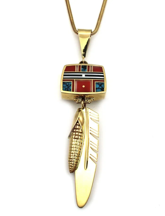 Ray Tracey PreStyled Sets 14K Gold Reversible Top InlayFeather Pendant