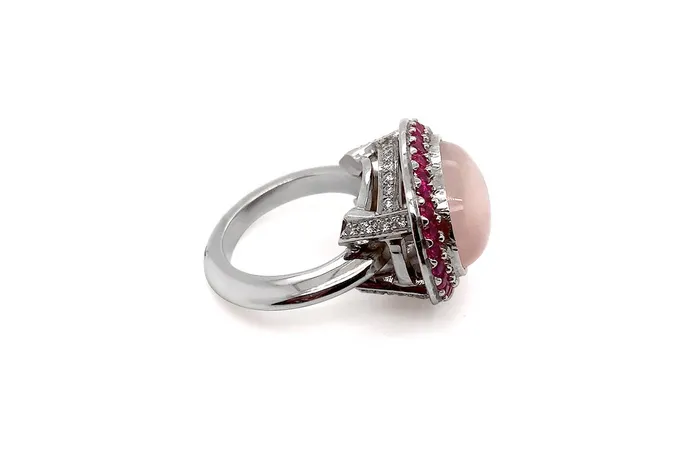 Ring 18kt White Gold Pink Quartz Sapphires and Diamonds Albert Hern Rings