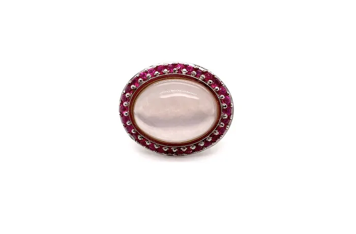 Ring 18kt White Gold Pink Quartz Sapphires and Diamonds Albert Hern Rings