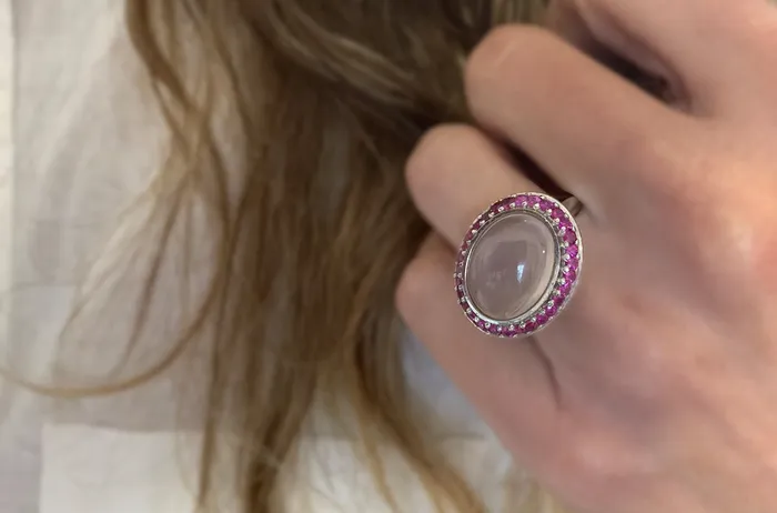 Ring 18kt White Gold Pink Quartz Sapphires and Diamonds Albert Hern Rings