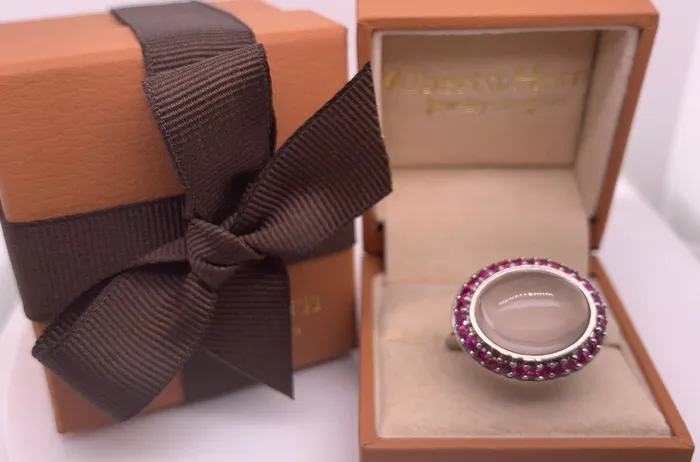 Ring 18kt White Gold Pink Quartz Sapphires and Diamonds Albert Hern Rings