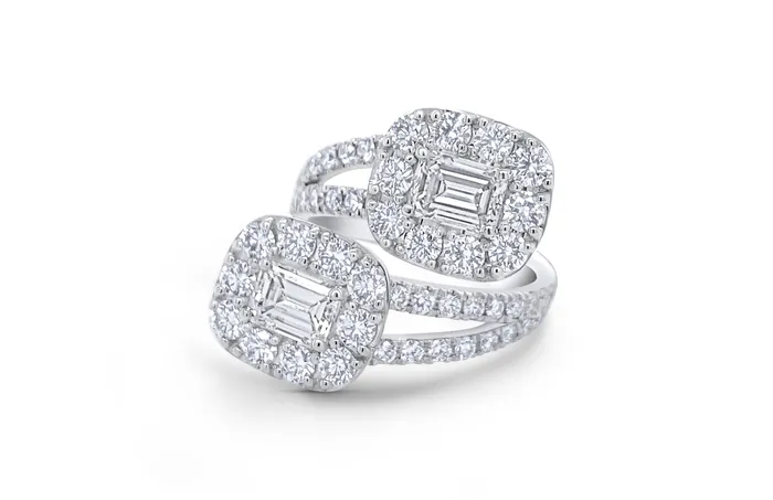Rings Albert Hern Ring 18kt White Gold You and Me Emerald Cut and Round Diamonds Rings Albert Hern Ring 18kt White Gold You and Me Emerald Cut and Round Diamonds