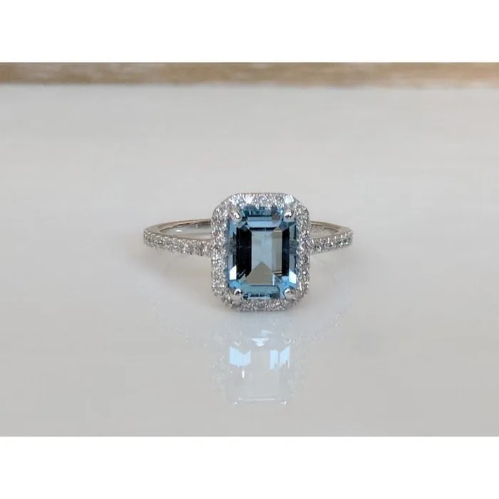 Rings ebay Aquamarine and Diamond Halo Ring 14K Gold Emerald CutExtraordinary