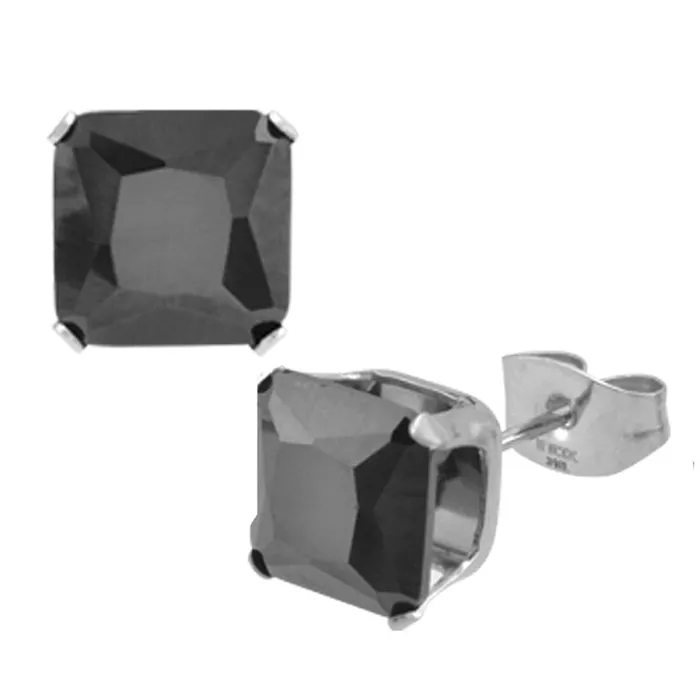 Rings INOX JEWELRY Silver Tone Stainless Steel Square Cut Black CZ Studs